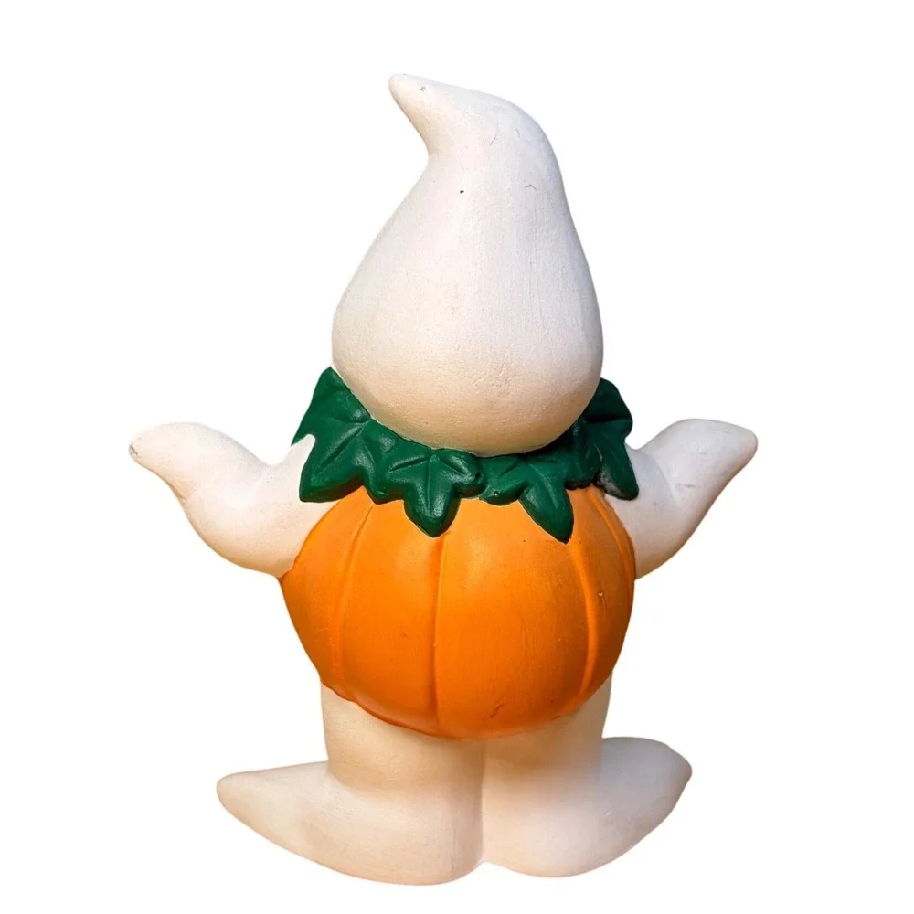 Vtg Ceramic Ghost Holding Pumpkin Figurine Halloween Jack O Lantern Sad Face
